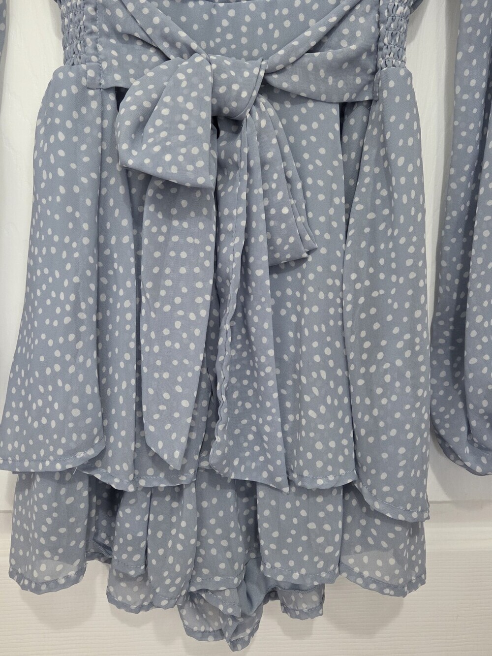 Japna Ruffle Chiffon Polka Dot Blue Romper Long Sleeves V-neck Women’s Size XS - Picture 3 of 9